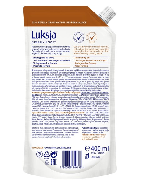 Mydło cotton w płynie zapas 400ml Luksja Creamy&Soft 5900536349138 2
