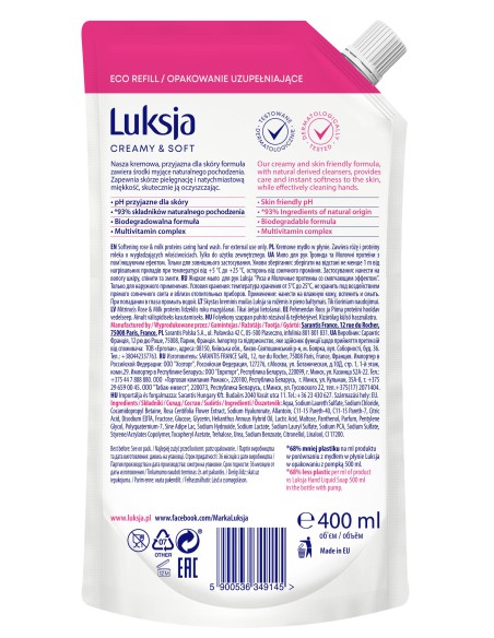 Różane mydło 400 ml w płynie Luksja Creamy&Soft 5900536349145 2
