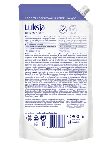 Duży zapas mydła w płynie len 900ml Luksja Creamy&Soft 5900536349213 2