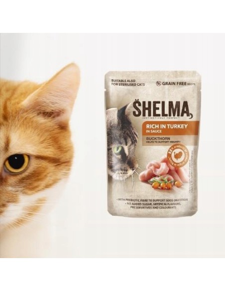 Bezzbożowe Fileciki z indykiem dla kota Shelma 12x85g 8595606406711 2