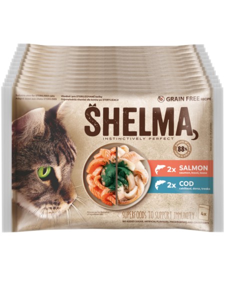 Bezzbożowe kocie fileciki z łososiem i dorszem Shelma  48x85g 8595606406742