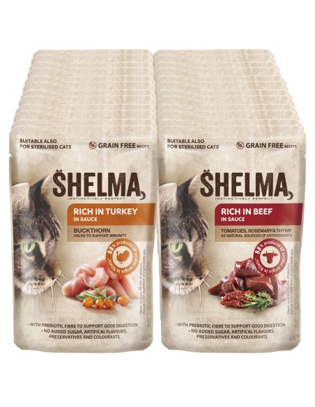 Fileciki dla kota wołowina i indyk Shelma 24x85g - Mokra karma dla kota Fileciki dla kota wołowina i indyk Shelma 24x85g 8595606406698