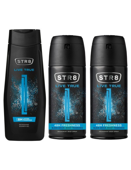 Kosmetyczny zestaw dla mężczyzn: 2x Dezodorant do ciała + Żel pod prysznic STR8 Live True 5201314153580