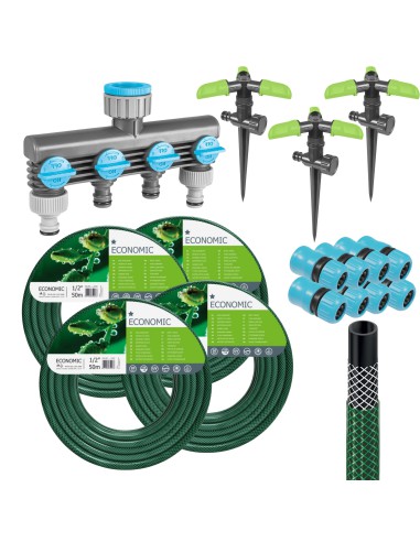 Wąż ogrodowy Economic 1/2" 50mb z rozdzielaczem poczwórnym i zraszaczem obrotowym 3-ramiennym Cellfast 5901828850066