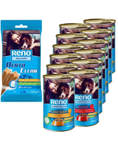 Mix mokrej karmy dla psa Reno 12x1240g + przysmak dentystyczny GRATIS 8594014721539