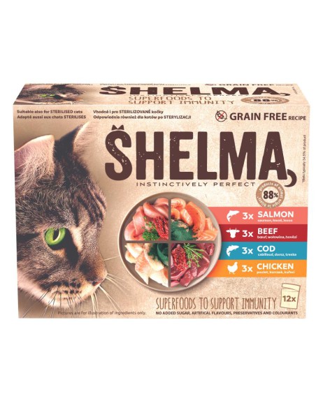 Bezzbożowe fileciki dla kota mix smaków Shelma, 12x85g - Mokra karma dla kota Bezzbożowe fileciki dla kota mix smaków Shelma, 12x85g 8595606406759
