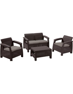 Zestaw mebli do ogrodu 2x fotel + kanapa + stolik brązowe Keter Corfu Set 3253929117138