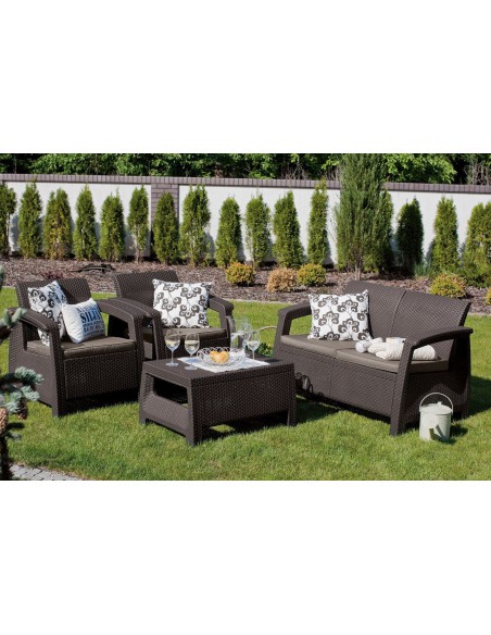 Zestaw mebli do ogrodu 2x fotel + kanapa + stolik brązowe Keter Corfu Set 3253929117138 2