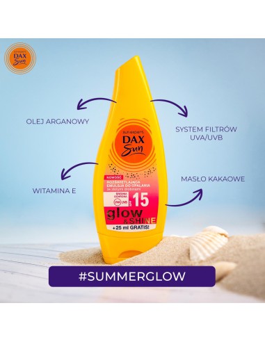 Emulsja rozświetlająca do opalania Glow&Shine SPF 15 ze złotymi drobinami Dax Sun 175 ml 5900525071958 2