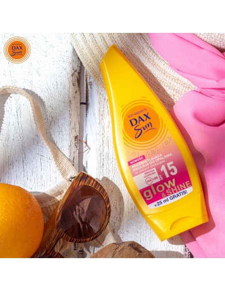 Emulsja rozświetlająca do opalania Glow&Shine SPF 15 ze złotymi drobinami Dax Sun 175 ml 5900525071958 3