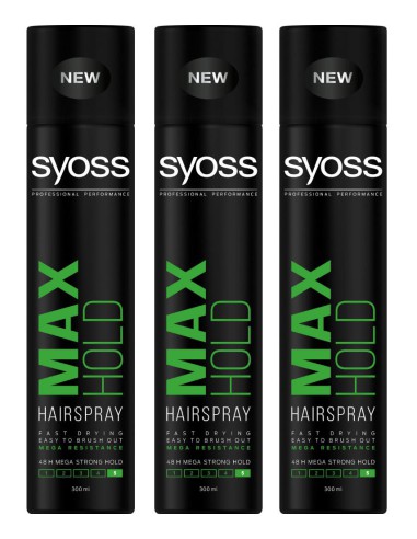 Bardzo mocny spray do włosów Max Hold Syoss 3x300 ml - Pianki, pudry i lakiery do włosów