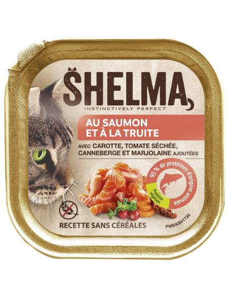 Puszysty pasztet dla kota z łososiem i pstrągiem Shelma Alucup 100 g 8710558002419