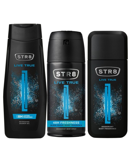 Kompleksowy zestaw męskich kosmetyków: Dezodorant do ciała + Dezodorant perfumowany + Żel STR8 Live True 5201314153580 16