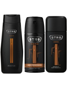 Kompleksowy zestaw męskich kosmetyków: Dezodorant do ciała + Dezodorant perfumowany + Żel STR8 Hero 5201314107149