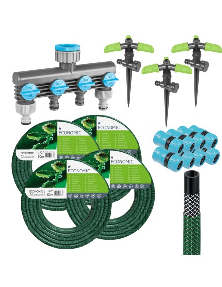 Wąż ogrodowy Economic 1/2" 50mb z rozdzielaczem poczwórnym i zraszaczem obrotowym 3-ramiennym Cellfast 5901828850066 12