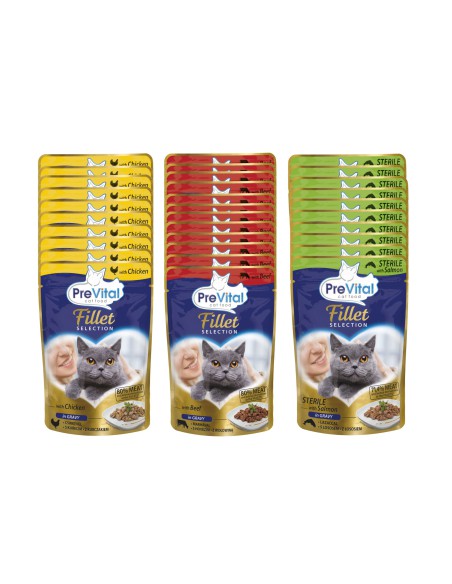 Zestaw mokrej karmy dla kotów w saszetach mix mięso ryba PreVital Fillet, 48x85g 5999546175936 5