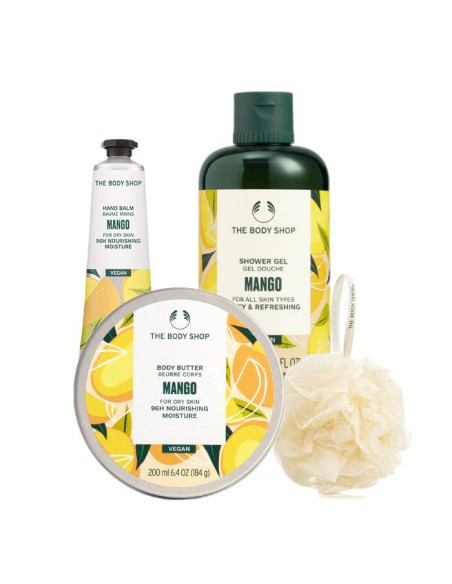 Box wegańskich kosmetyków The Body Shop Mango z myjką 