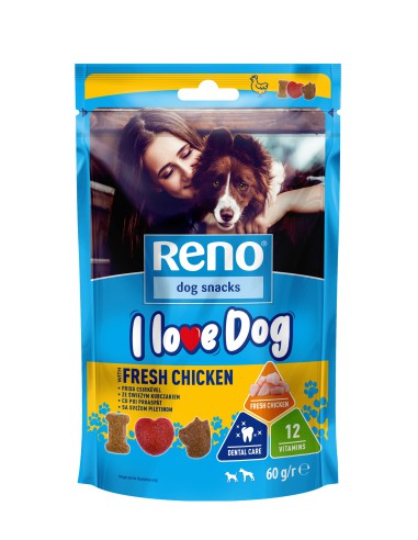 Przysmaki dla psa ze świeżym kurczakiem Reno I love dog 60g - Przysmaki dla psa