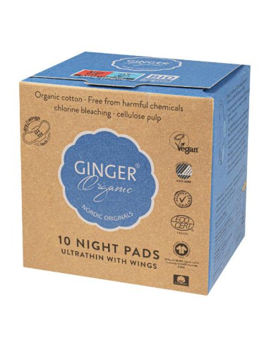 Podpaski higieniczne na noc ze skrzydełkami GingerOrganic 10szt. - Artykuły higieniczne