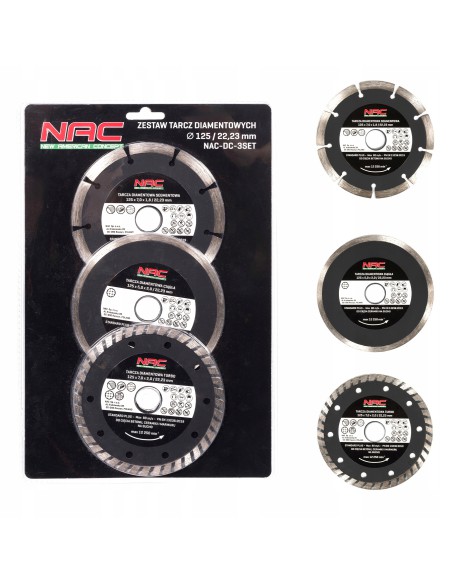 Diamentowa tarcza do cięcia na sucho betonu, ceramiki i marmuru NAC DC-3SET, 3 szt. 125 mm/22,23 mm 5902490787599