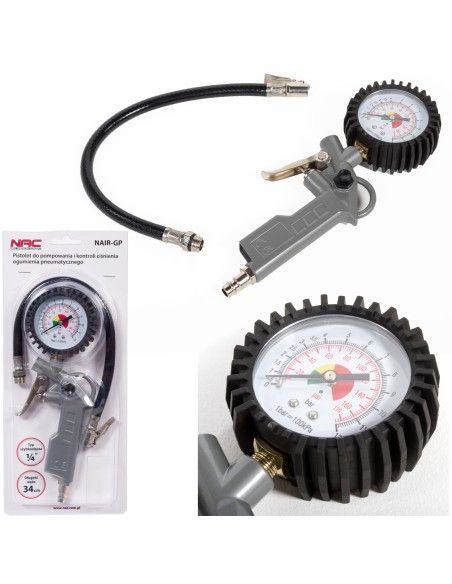 Solidny pistolet do pompowania kół z manometrem NAC NAIR-GP, dł. 34 cm 1/4 0-12 bar 5902490787520