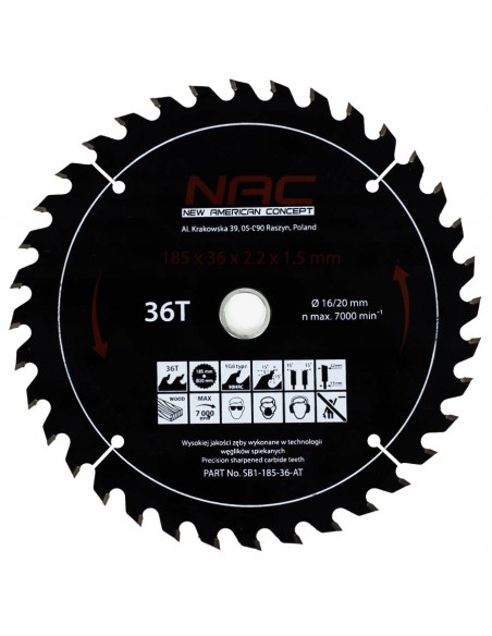 Widiowa tarcza do drewna NAC SB1-185-36-AT, 185 mm 36 zębów 5907510482713
