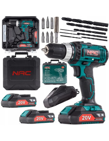 Praktyczna wiertarko-wkrętarka akumulatorowa NAC CDB2-LI-20V + walizka i duży zestaw akcesoriów 5902490740228
