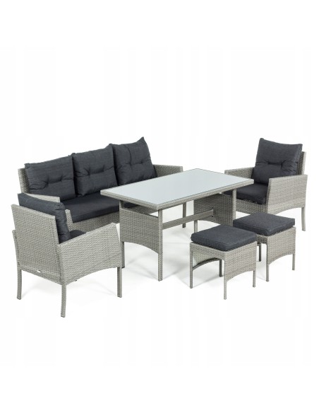 Zestaw jasnoszarych mebli ogrodowych Meven - grafitowe poduszki 2 fotele + 2 pufy + sofa + stół 5902490785328