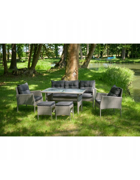 Zestaw jasnoszarych mebli ogrodowych Meven - grafitowe poduszki 2 fotele + 2 pufy + sofa + stół 5902490785328 3