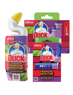 Zestaw do czyszczenia toalet Duck Tropical Adventure Krążki żelowe zestaw startowy + zapas + żel 750 ml