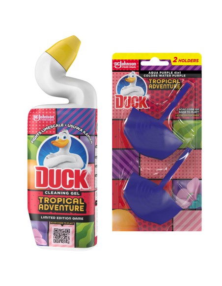 Zestaw do czyszczenia WC Duck Tropical Adventure: żel do WC 750 ml + 2x zawieszka barwiąca wodę na fioletowo 