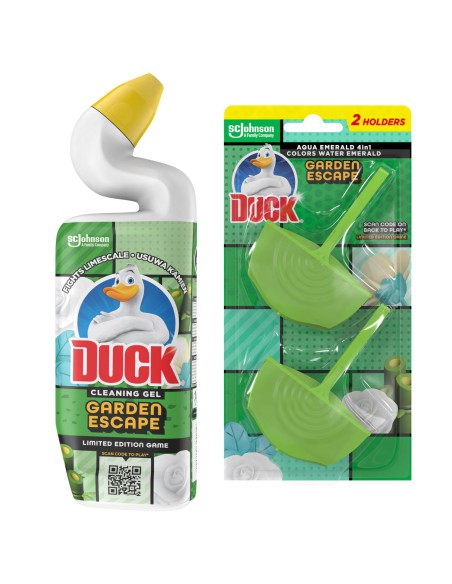 Zestaw do czyszczenia WC Duck Garden Escape: żel 750 ml + 2x zawieszka barwiąca wodę na zielono 