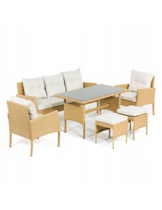 Zestaw beżowych mebli ogrodowych z technorattanu Meven - 2 fotele + 2 pufy + sofa + stół 5902490785311