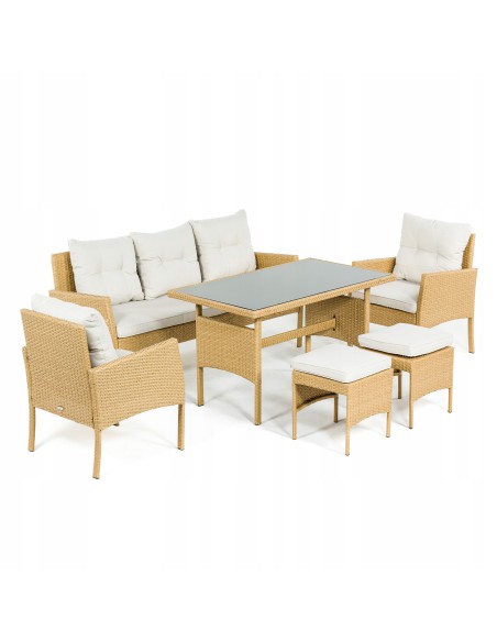 Zestaw beżowych mebli ogrodowych z technorattanu Meven - 2 fotele + 2 pufy + sofa + stół 5902490785311