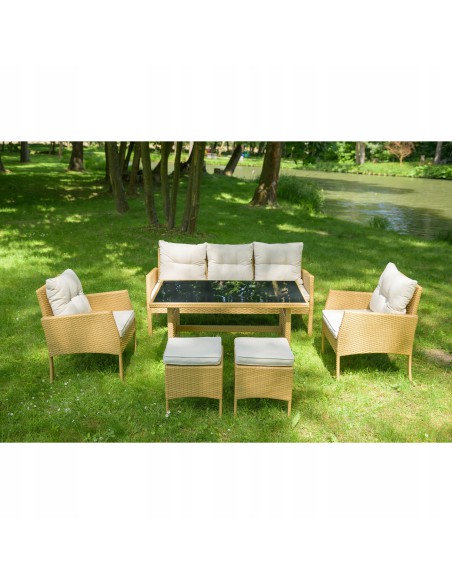 Zestaw beżowych mebli ogrodowych z technorattanu Meven - 2 fotele + 2 pufy + sofa + stół 5902490785311 14