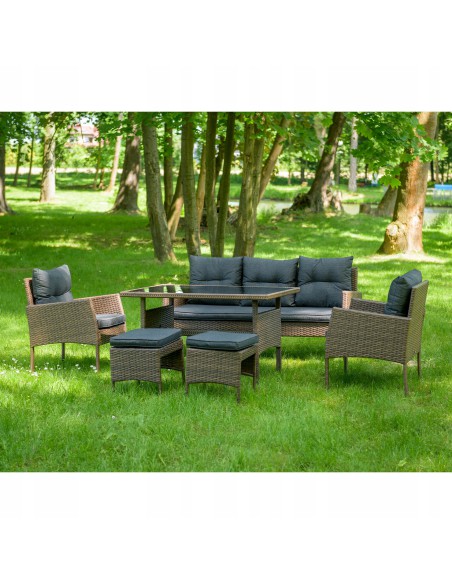 Zestaw brązowych mebli ogrodowych Meven - grafitowe poduszki 2 fotele + 2 pufy + sofa + stół 5902490785304 3