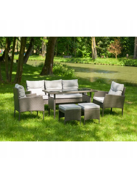 Zestaw szarych mebli ogrodowych z technorattanu Meven - 2 fotele + 2 pufy + sofa + stół 5902490785335 11