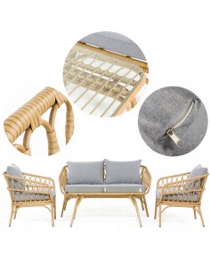 Zestaw beżowych mebli ogrodowych boho Meven - jasnoszare poduszki 2 fotele + sofa + ława 5902490784291