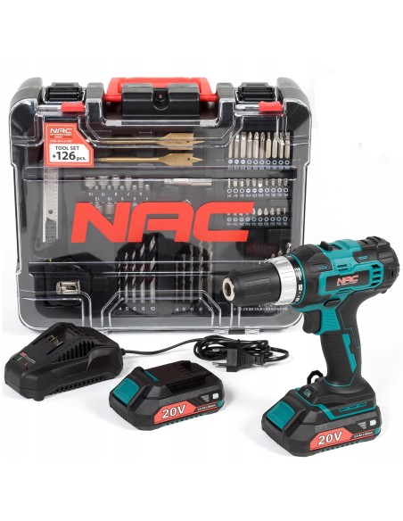 Wiertarko-wkrętarka akumulatorowa NAC CDB2-40-S-LI-20V + duży zestaw akcesoriów 5902490787476