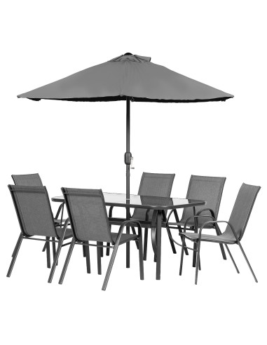 Antracytowy zestaw mebli ogrodowych ESPOO stół + 6 krzeseł + parasol Meven Home & Garden - Zestawy mebli ogrodowych