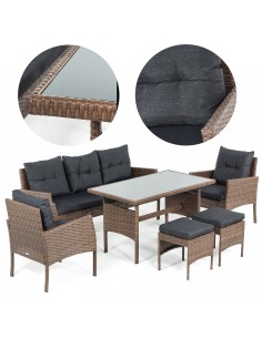 Zestaw brązowych mebli ogrodowych Meven - grafitowe poduszki 2 fotele + 2 pufy + sofa + stół 5902490785304
