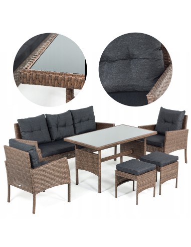 Zestaw brązowych mebli ogrodowych Meven - grafitowe poduszki 2 fotele + 2 pufy + sofa + stół - Zestawy mebli ogrodowych