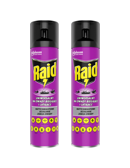 Uniwersalny aerozol na owady biegające i latające Raid 2x400 ml - Środki na komary i kleszcze Uniwersalny aerozol na owady biegające i latające Raid 2x400 ml 5000204203035