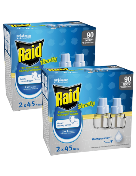 Bezzapachowy płyn owadobójczy przeciw komarom dla całej rodziny Raid Family, 2x podwójny zapas 5905718981205