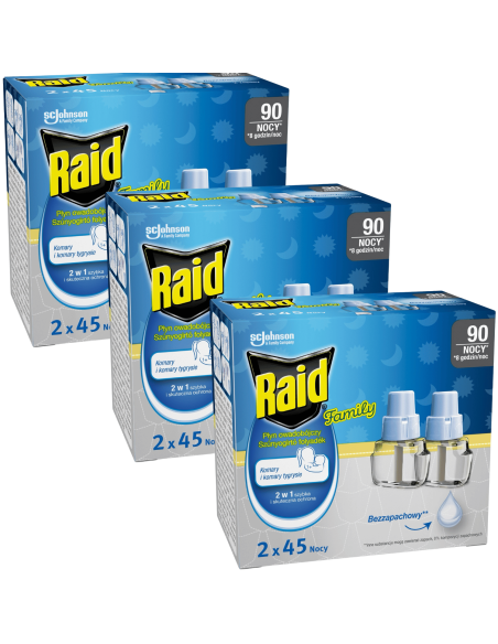 Bezzapachowy płyn owadobójczy przeciw komarom Raid Family, 3x zapas podwójny 5905718981212