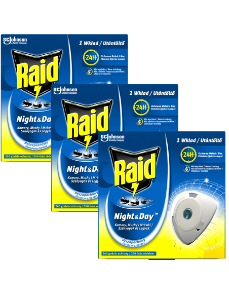 Wymienne wkłady do elektrofumigatora owadobójczego przeciw muchom, komarom i mrówkom Raid Night & Day 3 szt. 5905718981274