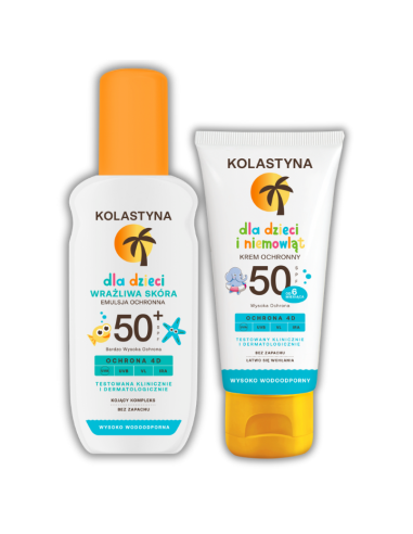 Emulsja do opalania dla dzieci i niemowląt w sprayu SPF50 150 ml + Krem dla dzieci SPF50 Kolastyna 2x75 ml - Ochrona przeciws...