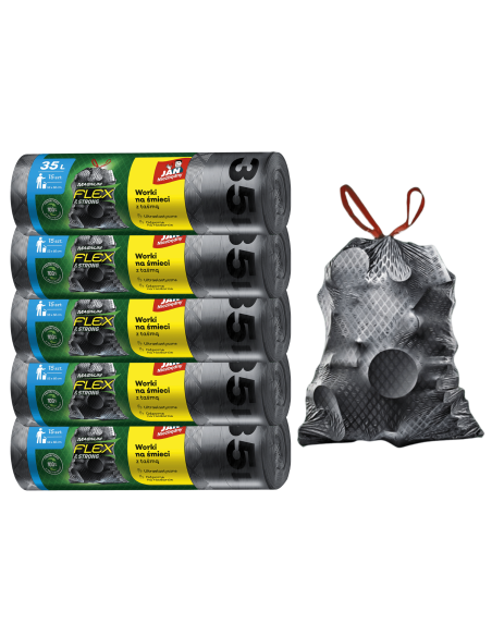 Wytrzymałe worki na śmieci 35L z taśmą Magnum Flex & Strong Jan Niezbędny 5x15 szt. 5900536104324