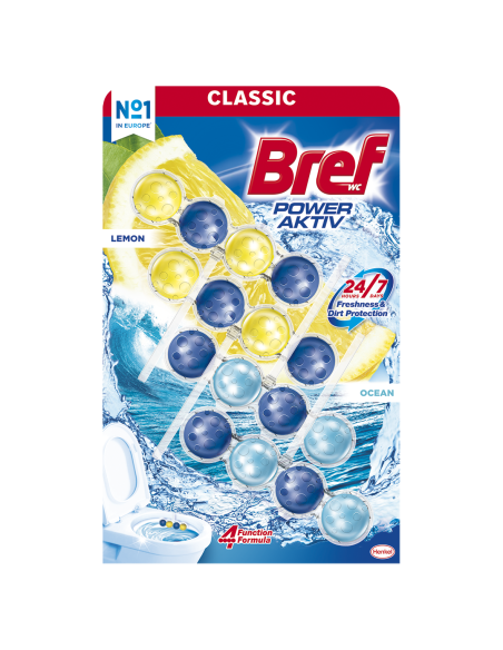 Skuteczne kostki toaletowe Bref Power Aktiv Soczysta Cytryna + Morska Bryza 2x2x50g 9000101309485
