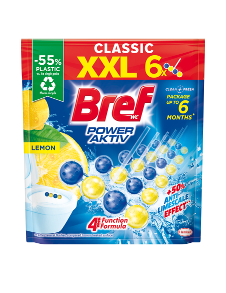 Zapachowe zawieszki do WC z efektem odświeżacza powietrza Bref Power Aktiv Lemon, 6x50g - Zawieszki i krążki do WC Zapachowe zawieszki do WC z efektem odświeżacza powietrza Bref Power Aktiv Lemon,  6x50g 9000101591965